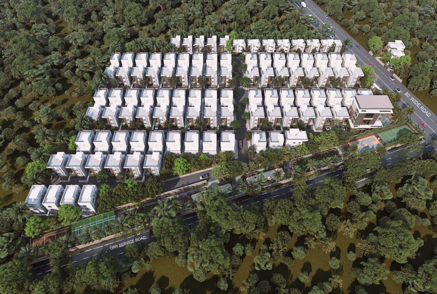 Aerial view of 102 villas across 8.5 acres