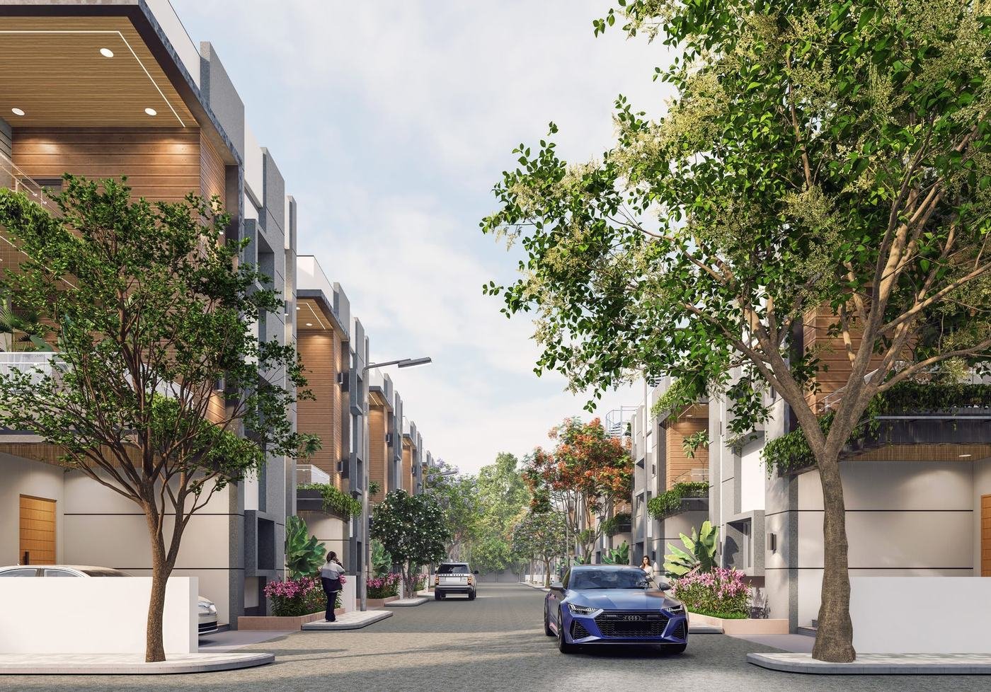 Tree-lined villa streetscape